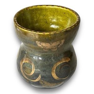 Bud Vase or Pen-Pencil Pottery in Olive Green with Genuine Gold Butterflies
